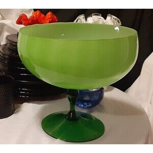Vintage Mid-Century Empoli Green Cased Glass Stemmed Bowl 9": SEE PHOTOS
